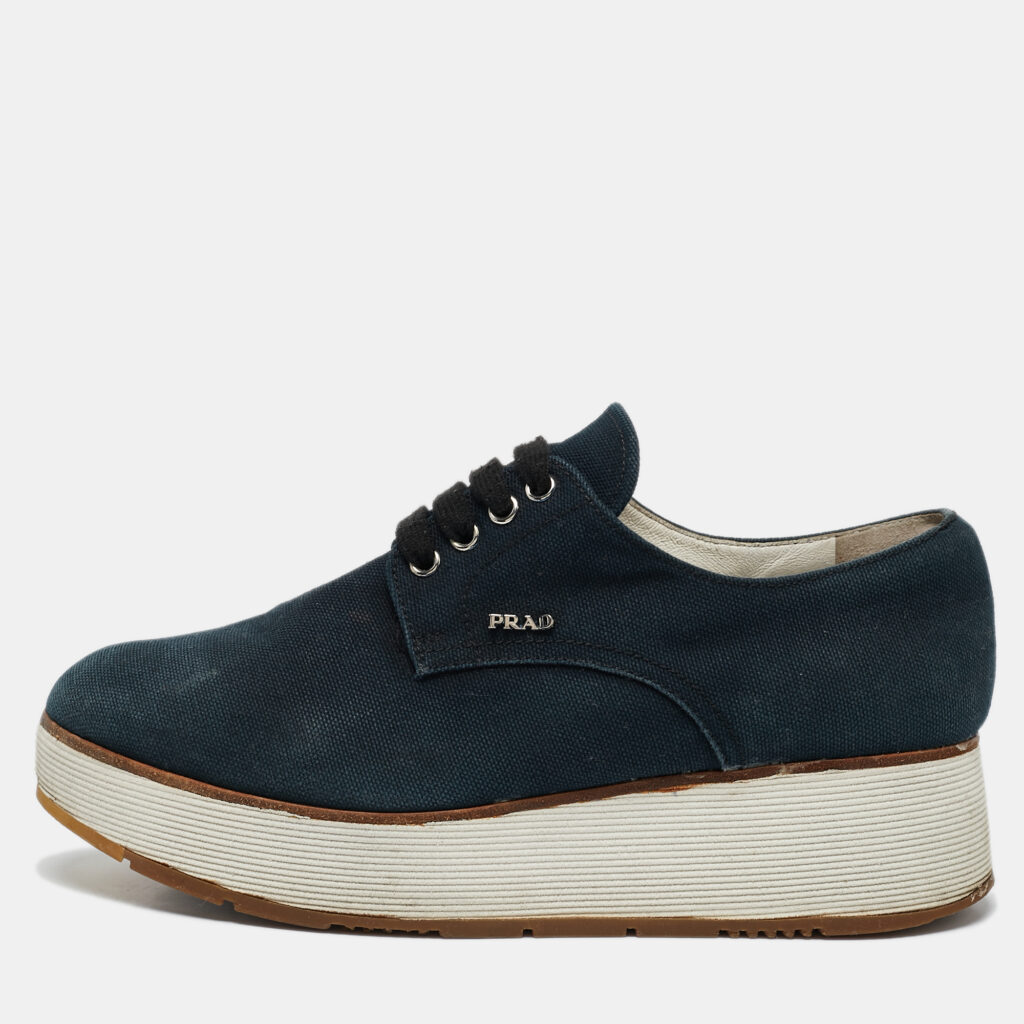 Prada Navy Blue Denim Platform Lace Up Sneakers Size 37