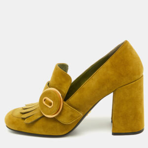 Prada Green Suede Fringe Block Heel Pumps Size 37