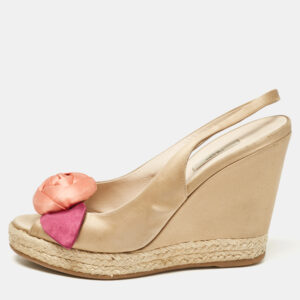 Prada Gold Beige Satin Embellished Slingback Wedge Sandals  Size 37