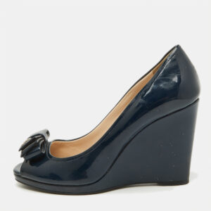 Prada Navy Blue Patent leather Peep Toe Bow Wedge Pumps Size 37.5