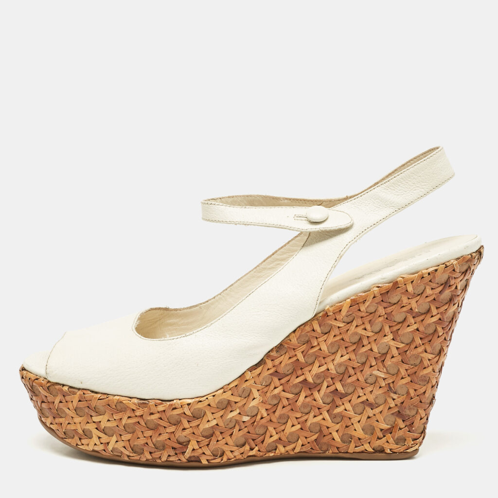 luxury-women-prada-used-shoes-p1099495-001 Prada White Leather Platform Wedge Ankle Strap Sandals Size 40