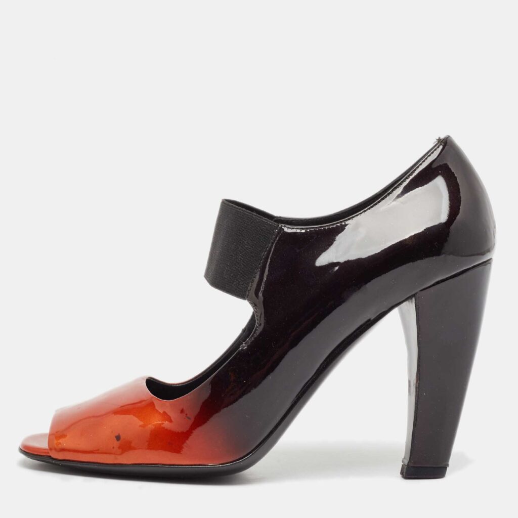 luxury-women-prada-used-shoes-p1099724-003 Prada Black/Orange Patent Leather Peep Toe Pumps Size 40.5