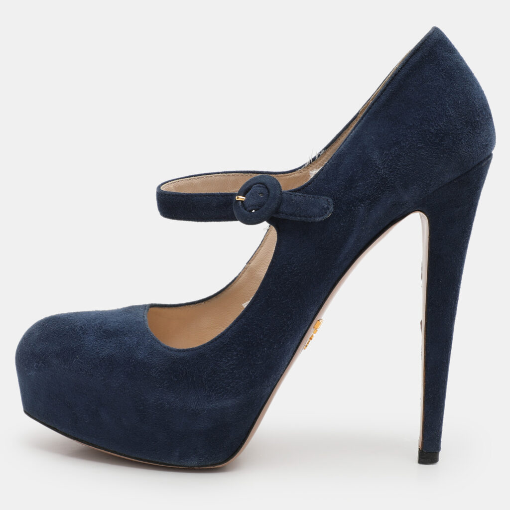 luxury-women-prada-used-shoes-p1100109-009 Prada Blue Suede Mary Jane Pumps Size 37