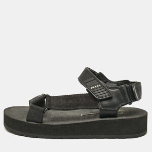 Prada Black Leather and Canvas Tape Strap Flat Sandals Size 38