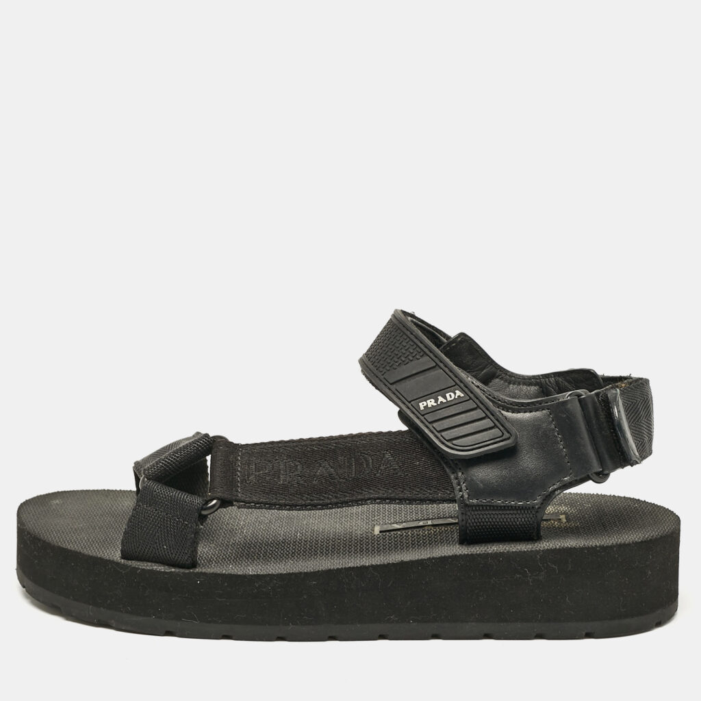 luxury-women-prada-used-shoes-p1101174-001 Prada Black Leather and Canvas Tape Strap Flat Sandals Size 38