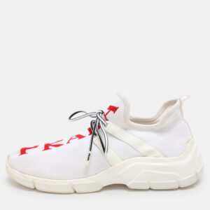 Prada White/Red Knit Fabric Low Top Sneakers Size 38