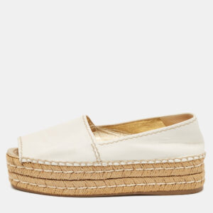 Prada White Leather Peep Toe Platform Espadrille Flats Size 38