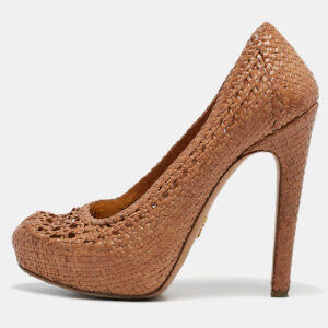 Prada Brown Woven Leather Madras Platform Pumps Size 37.5