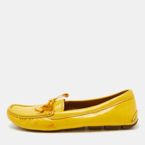 Prada Mustard Yellow Patent Leather Bow Slip On Loafers Size 37.5