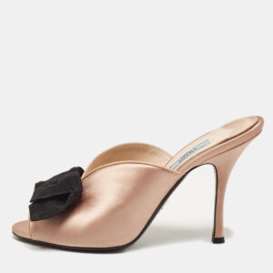 Prada Dusty Pink/Black Satin and Grosgrain Bow Peep Toe Mules Size 39
