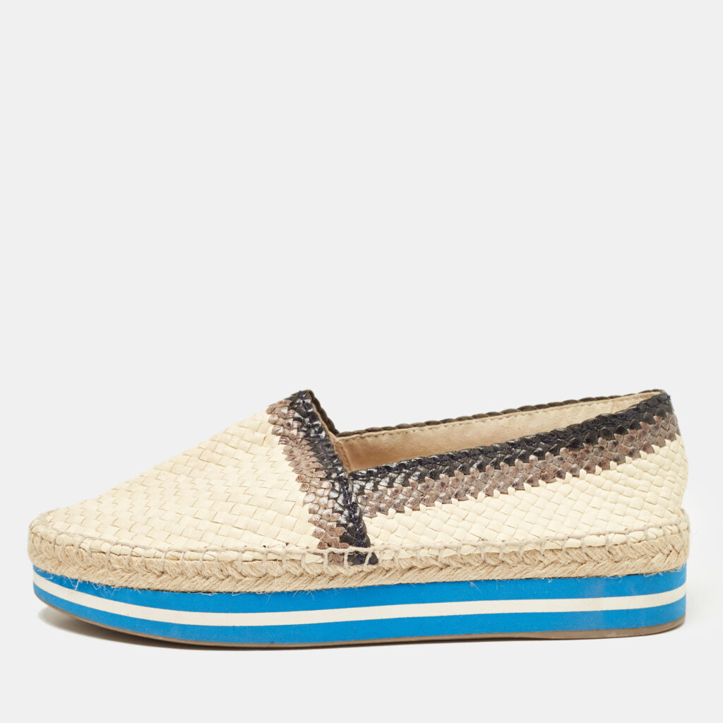Prada Cream/Brown Woven Leather Slip On Espadrille Flats Size 39