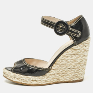 Prada Black Patent Leather Wedge Ankle Strap Sandals Size 38.5