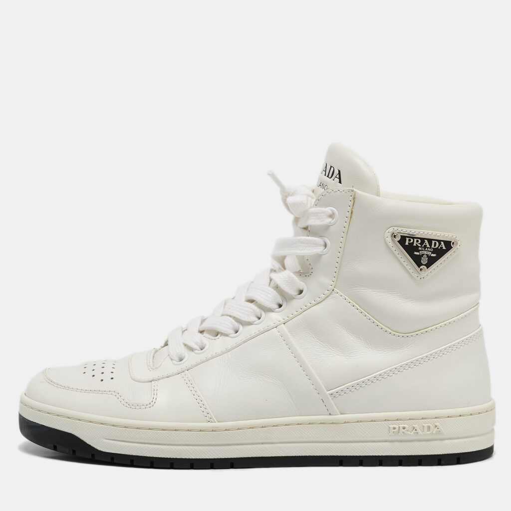 luxury-women-prada-used-shoes-p1106881-001.jpg Prada White Leather New Avenue High Top Sneakers Size 38