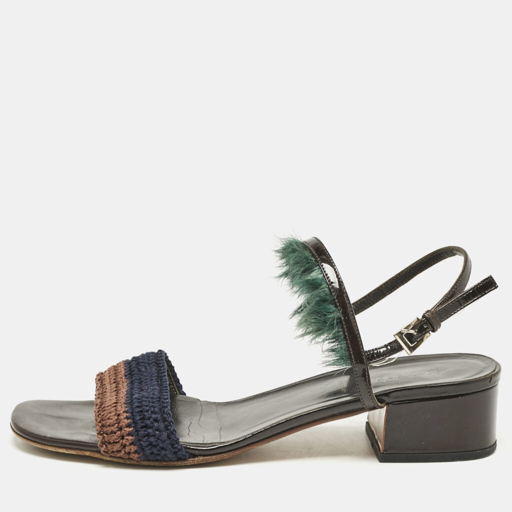 luxury-women-prada-used-shoes-p1107412-001 Prada Multicolor Crochet and Feather Ankle Strap Sandals Size 37.5
