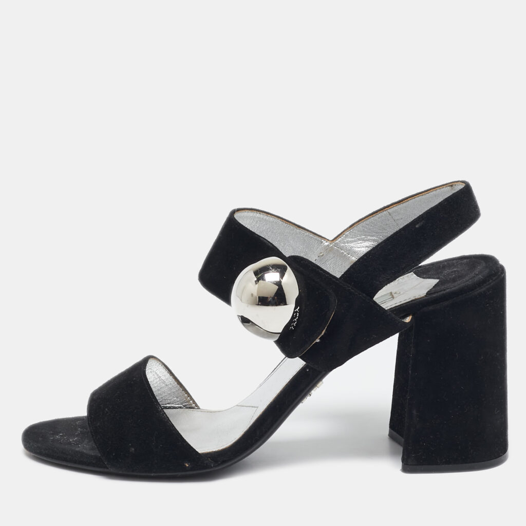 luxury-women-prada-used-shoes-p1108143-001 Prada Black Suede Ankle Strap Block Heel Sandals Size 39