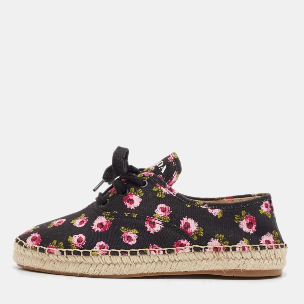 luxury-women-prada-used-shoes-p1108763-003 Prada Multicolor Canvas Lace Up Floral Print Espadrilles Size 37
