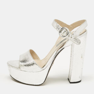 Prada Silver Python Embossed Leather Platform Ankle Strap Sandals Size 39