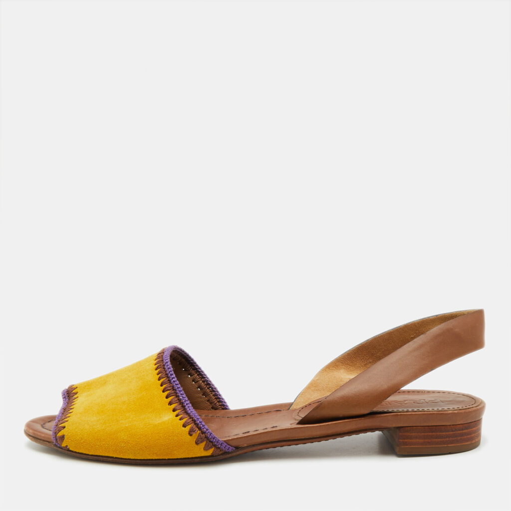 luxury-women-prada-used-shoes-p1117114-001 Prada Yellow/Brown Suede and Leather Flat Slingback Sandals Size 37.5