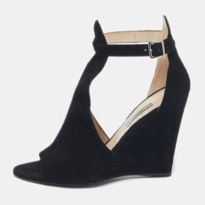 Prada Black Suede Wedge Ankle Strap Sandals Size 40