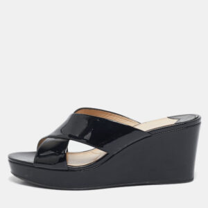 Prada Black Patent Leather Criss Cross Wedge Platform Slide Sandals Size 41