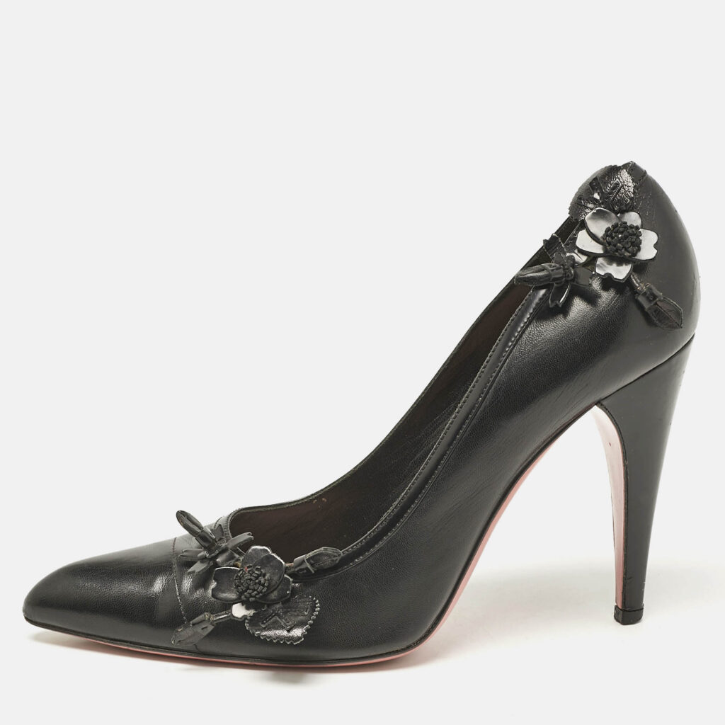 Prada Black Leather Flower Pointed Toe Pumps Size 38.5