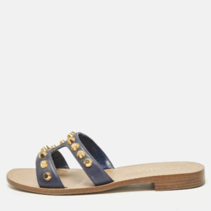 Prada Navy Blue Leather Studded Flat Slides Size 35.5