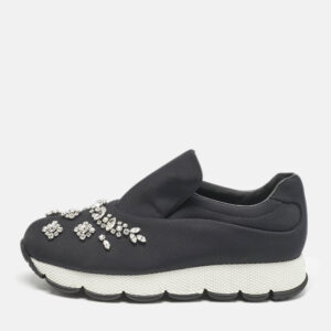 Prada Black Nylon Crystal Embellished Slip On Sneakers Size 38.5