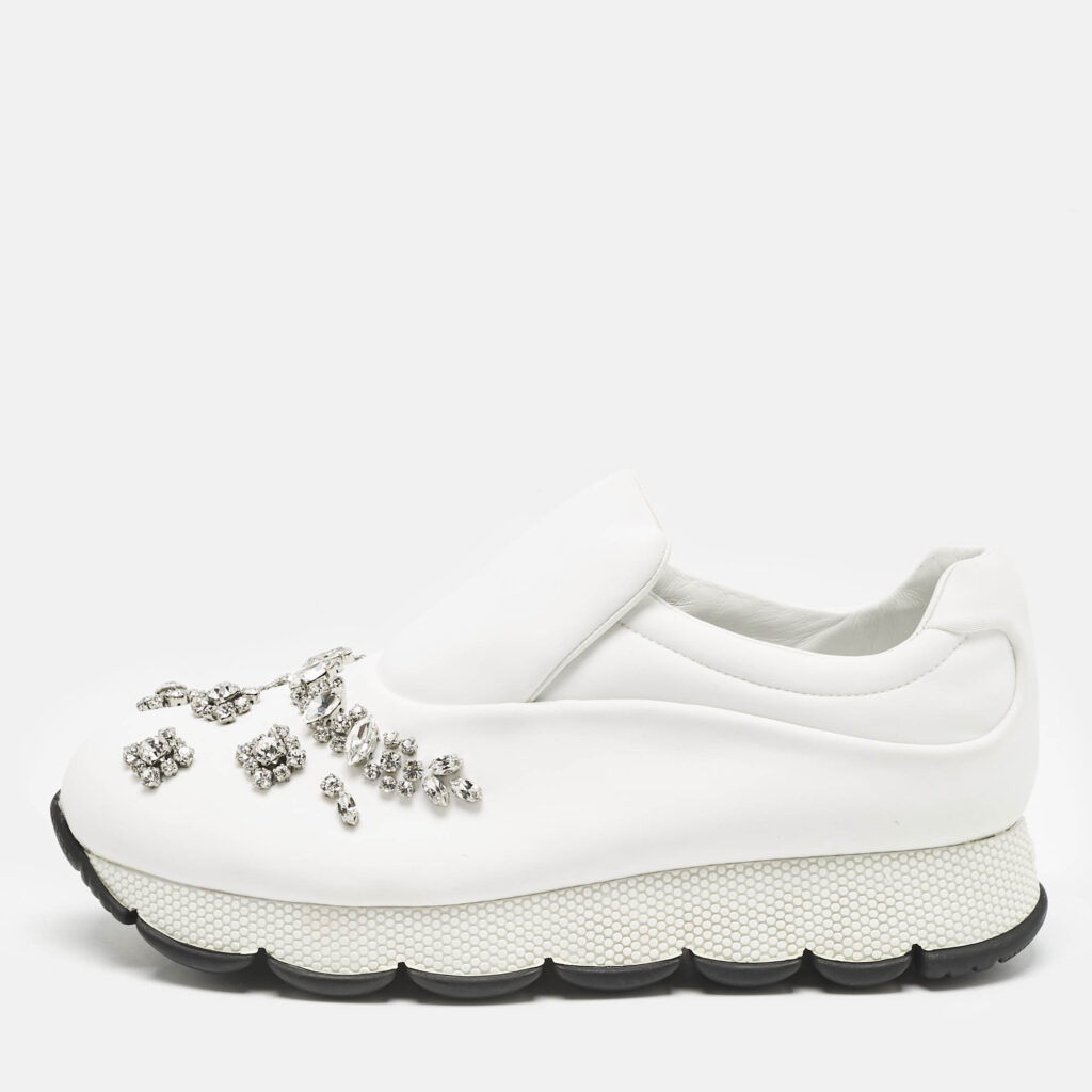 luxury-women-prada-used-shoes-p1124665-007.jpg Prada White Nylon Crystal Embellished Slip On Sneakers Size 38.5