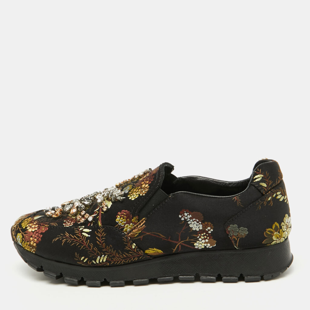 luxury-women-prada-used-shoes-p1124736-010 Prada Black Brocade Fabric Crystal Embellished Slip On Sneakers Size 37