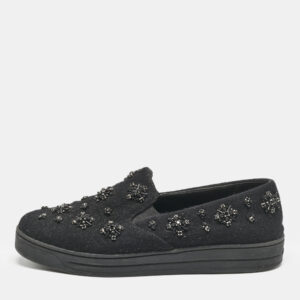 Prada Black Felt Crystal Embellished Slip On Sneakers Size 39