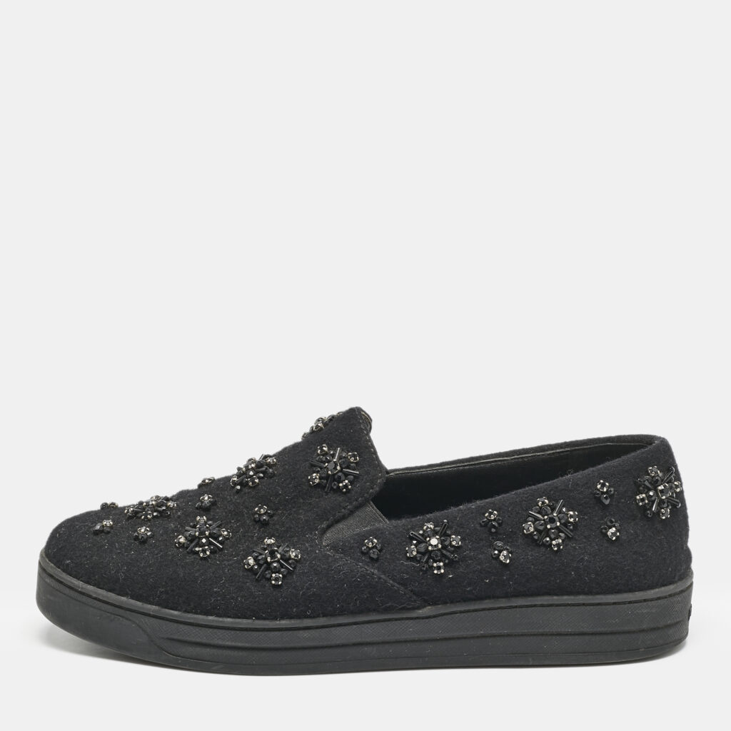 Prada Black Felt Crystal Embellished Slip On Sneakers Size 39