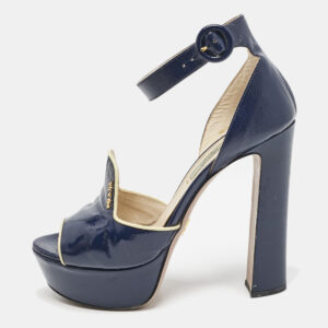 Prada Navy Blue Saffiano Patent Leather Ankle Strap Platform Sandals Size 38.5