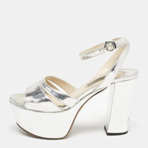 Prada Silver Leather Platform Ankle Strap Sandals Size 36.5