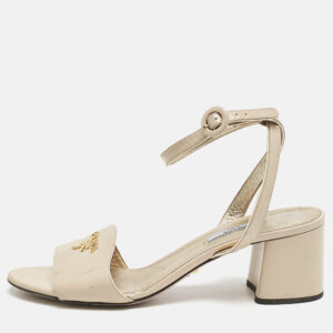 Prada Beige Patent Leather Logo Ankle Strap Sandals Size 40