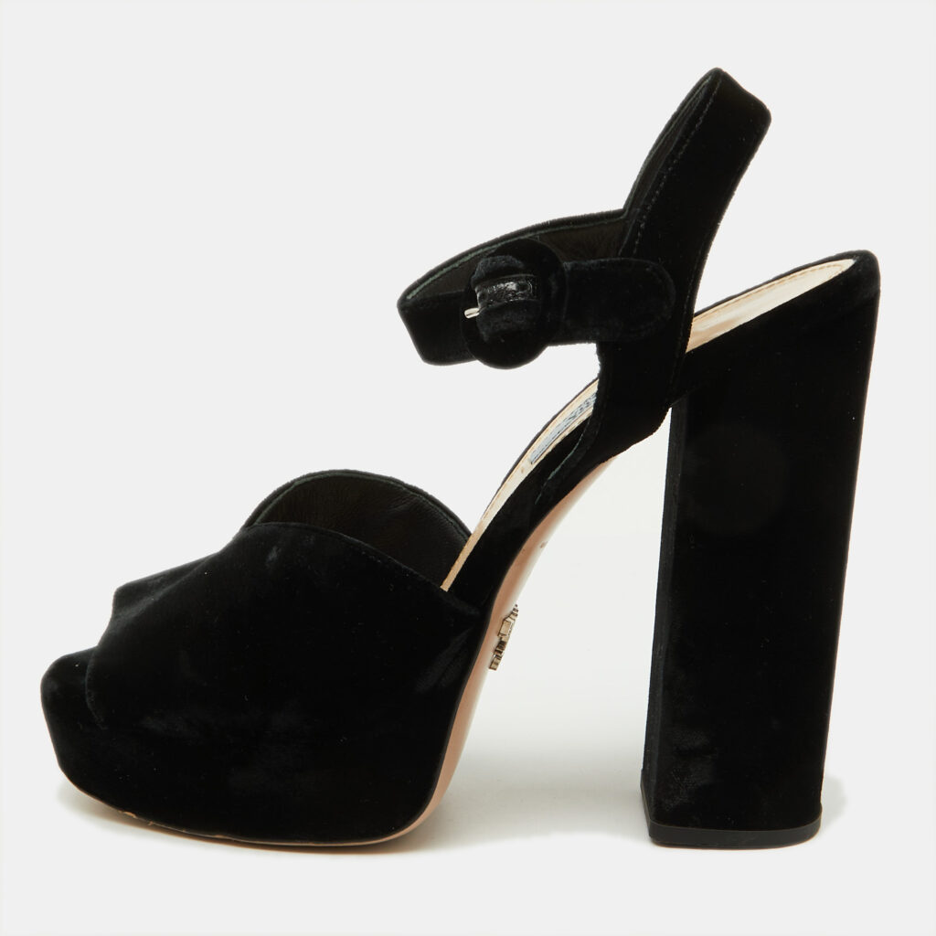 luxury-women-prada-used-shoes-p1130643-001 Prada Black Velvet Block Heel Platform Ankle Strap Sandals Size 38
