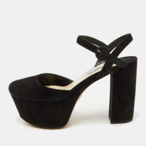 Prada Black Suede Round Toe Platform Ankle Strap Sandals Size 38.5