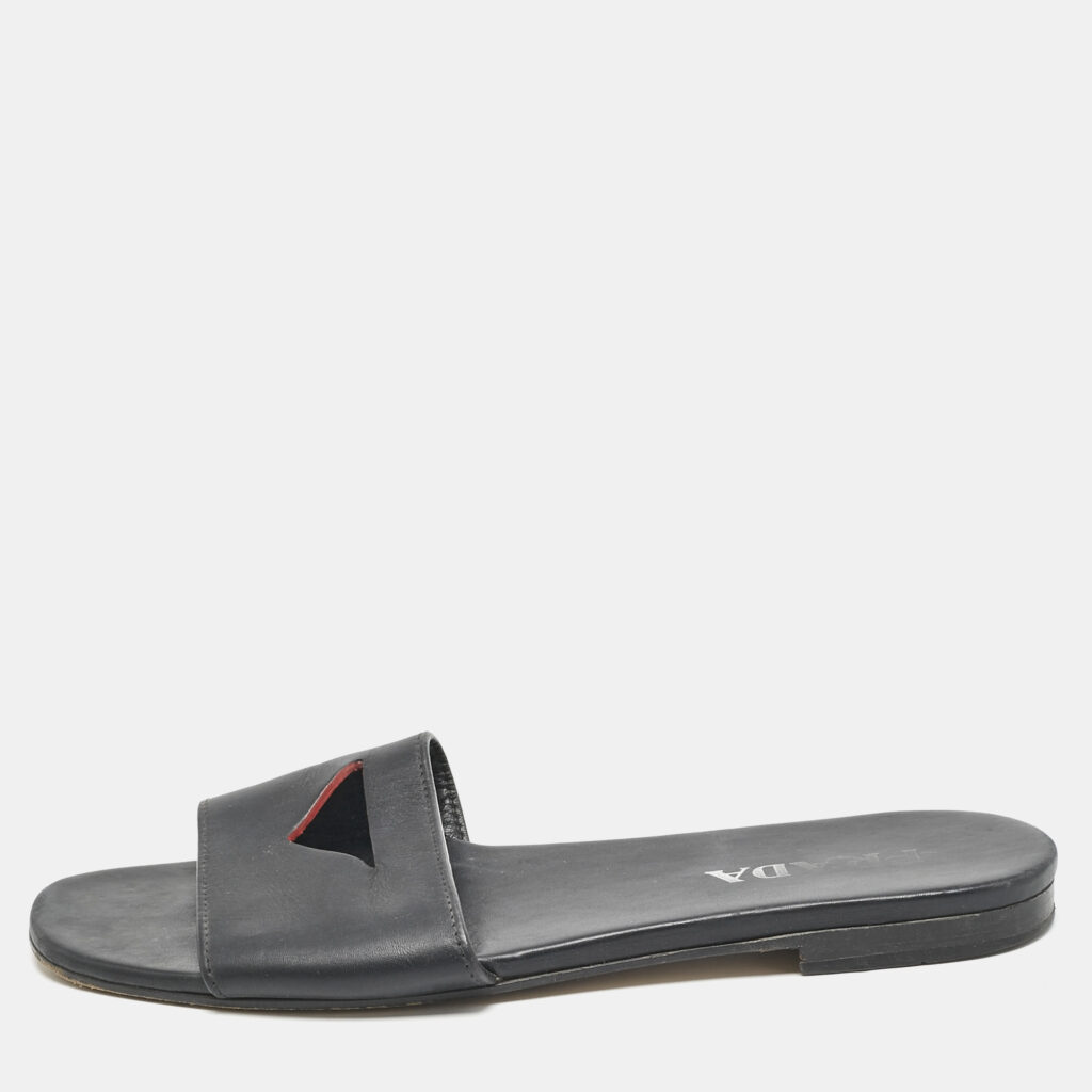 luxury-women-prada-used-shoes-p1132845-007 Prada Black Leather Slide Flat Sandals Size 39