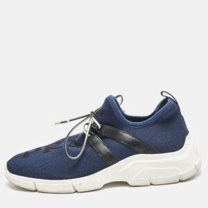 Prada Blue/Black Knit Fabric and Leather XY Logo Low Top Sneakers Size 38