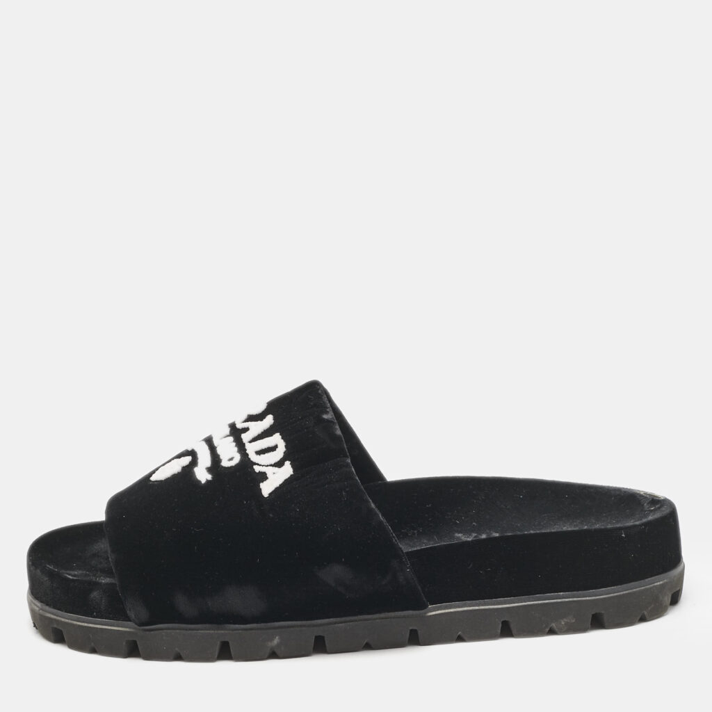 Prada Black/White Velvet Logo Slide Flats Size 38