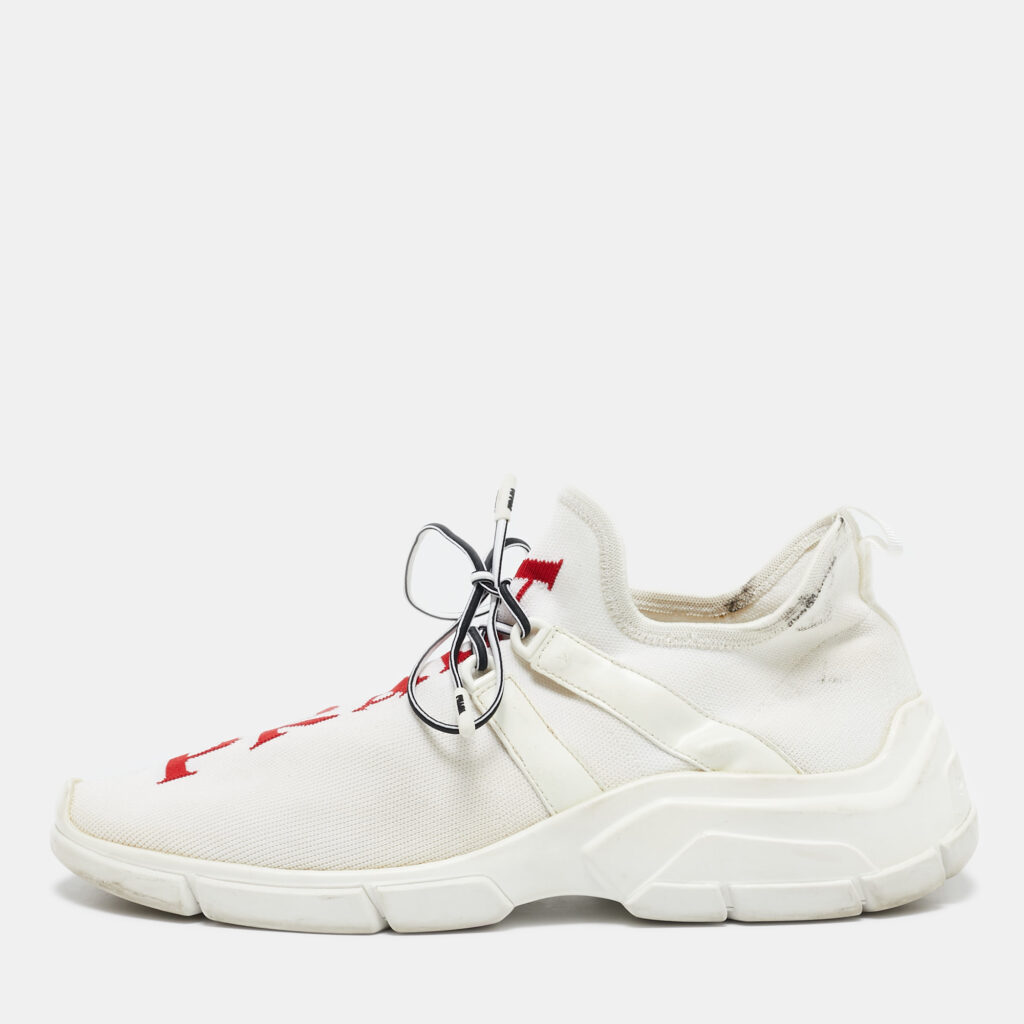Prada White Knit Fabric Logo Low Top Sneakers Size 39