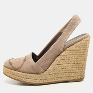 Prada Grey Canvas Logo Wedge Espadrille Slingback Sandals Size 36