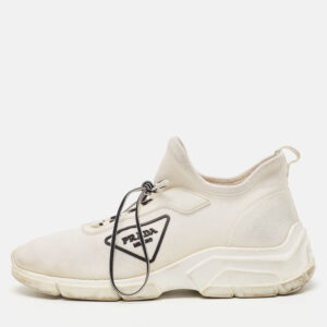 Prada White Knit Fabric Logo Low Top Sneakers Size 36.5