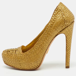 Prada Metallic Gold Woven Leather Madras Platform Pumps Size 38