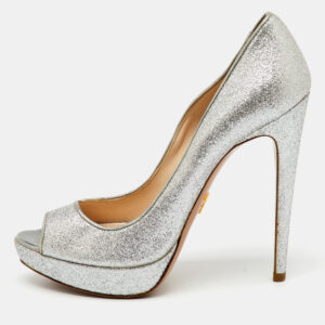 Prada Silver Glitter Fabric Peep Toe Platform Pumps Size 37.5