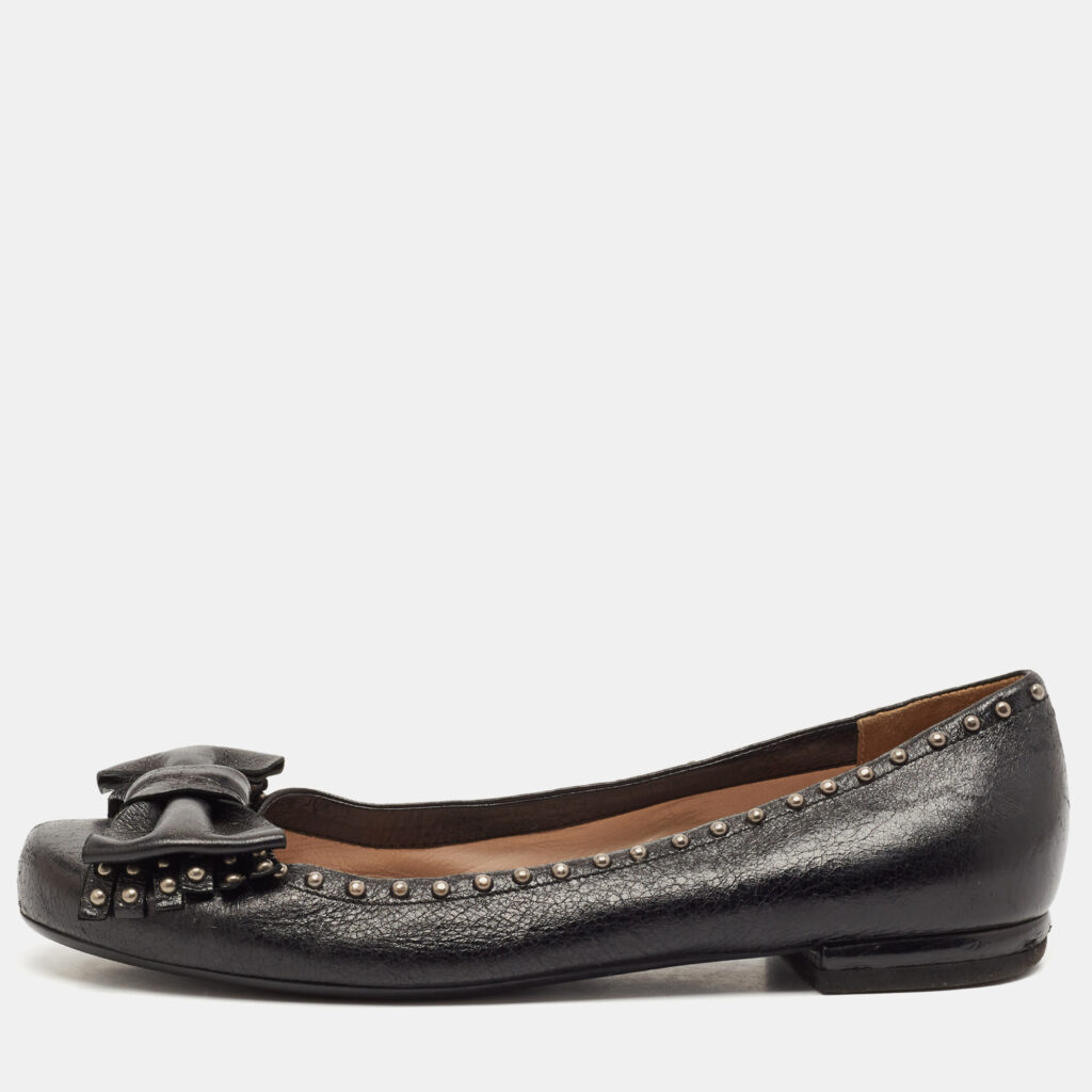 Prada Black Leather Logo Bow Ballet Flats Size 38