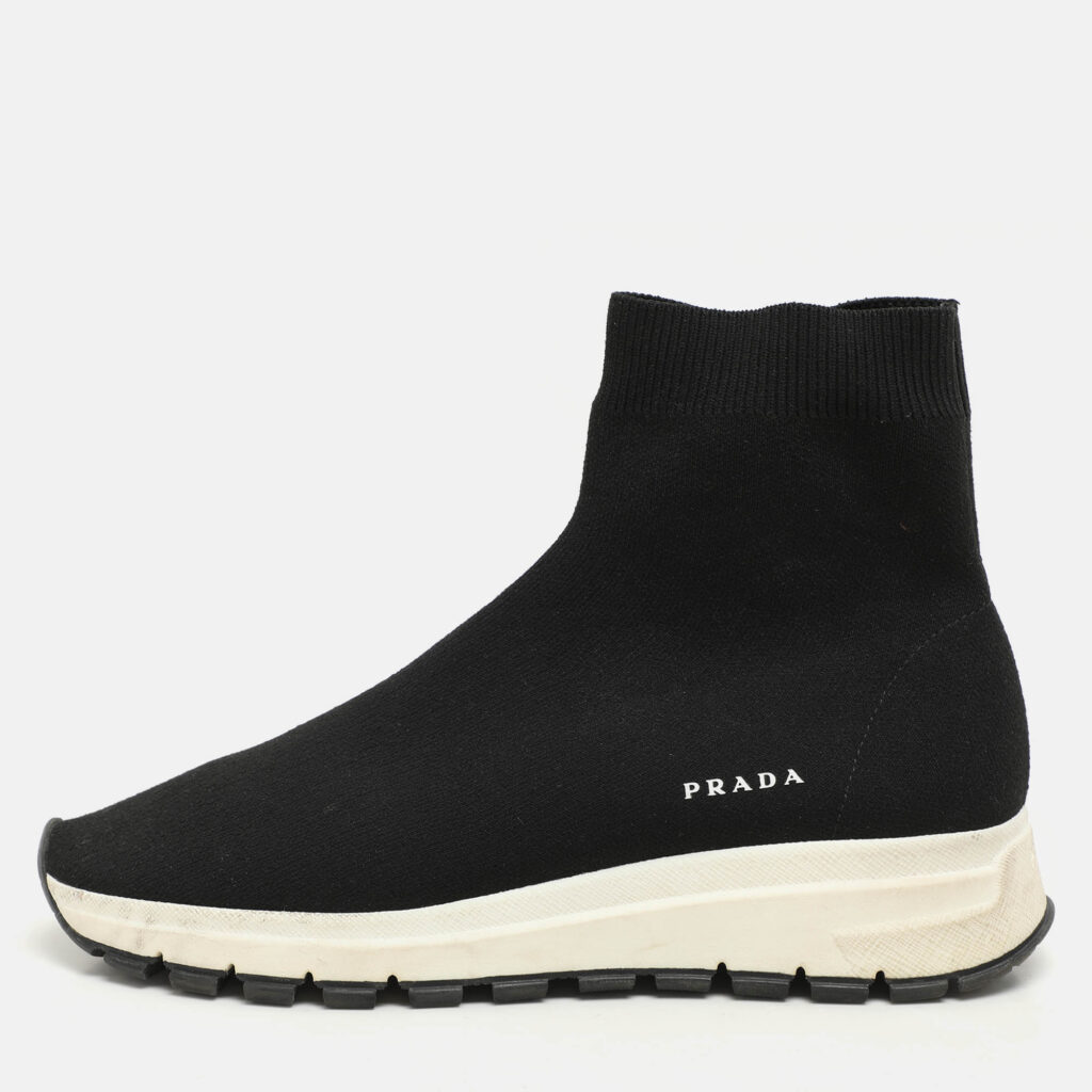 luxury-women-prada-used-shoes-p1139058-010 Prada Black Knit Fabric Logo Sock Runner High Top Sneakers Size 38