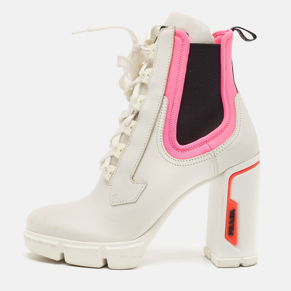 Prada White/Pink Fabric and Leather Logo Ankle Boots Size 39