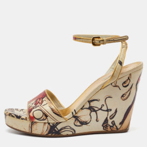 Prada Multicolor Fairy Print Leather Ankle Strap Platform Wedge Sandals Size 39.5