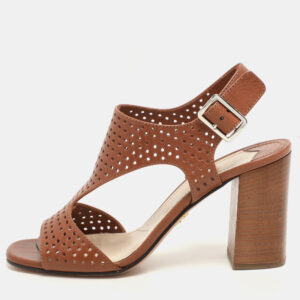 Prada Brown Perforated Leather Ankle Strap Sandals Size 38