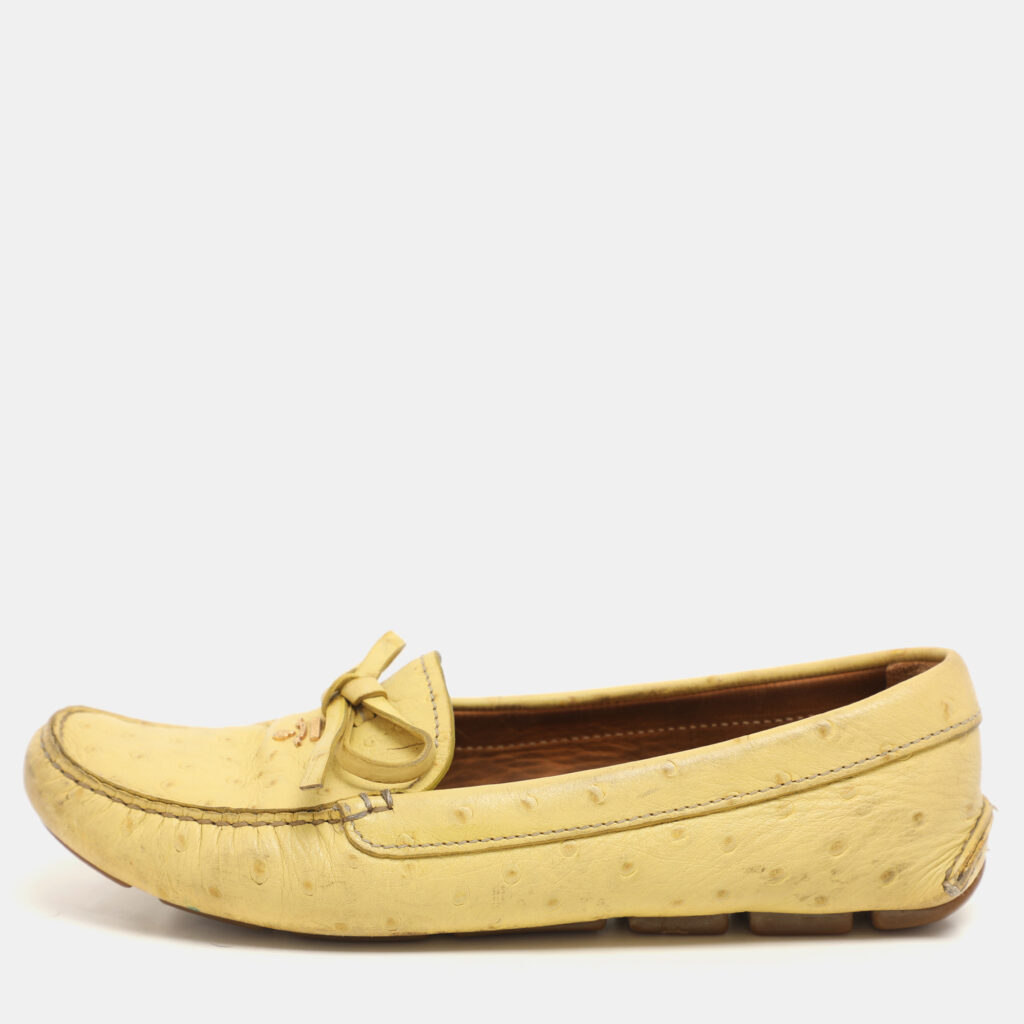 Prada Yellow Ostrich Leather Bow Loafers Size 37.5